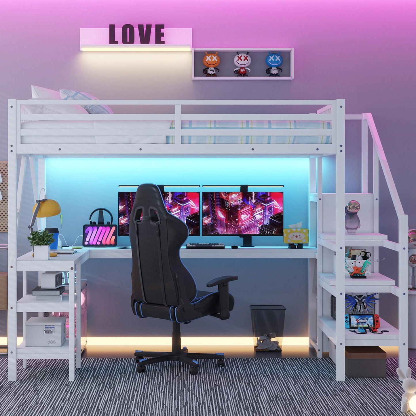 KEIKI Full Size Metal Loft Bed Frame with L-Shaped Desk & Staircase & Wardrobe & USB, Modern Style Loft Bed with Solid Slat & Guardrail, No Box Spring Required, Easy Assembly, for Bedroom, White
