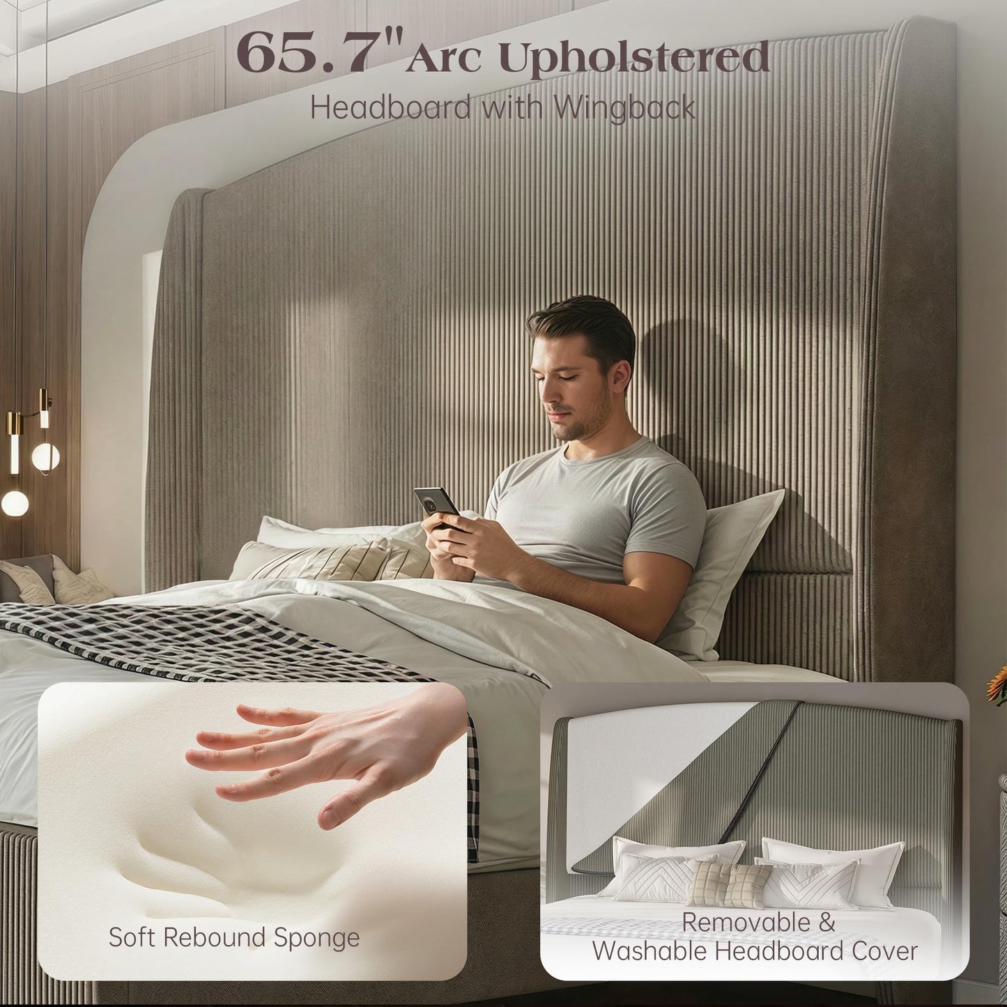 lividido Queen Size Upholstered Bed Frame with 65.7" Tall Headboard Wingback, Soft Washable Corduroy Beds Cover, Solid Wood Legs, Noise-Free, No Box Spring Needed, Light Gray
