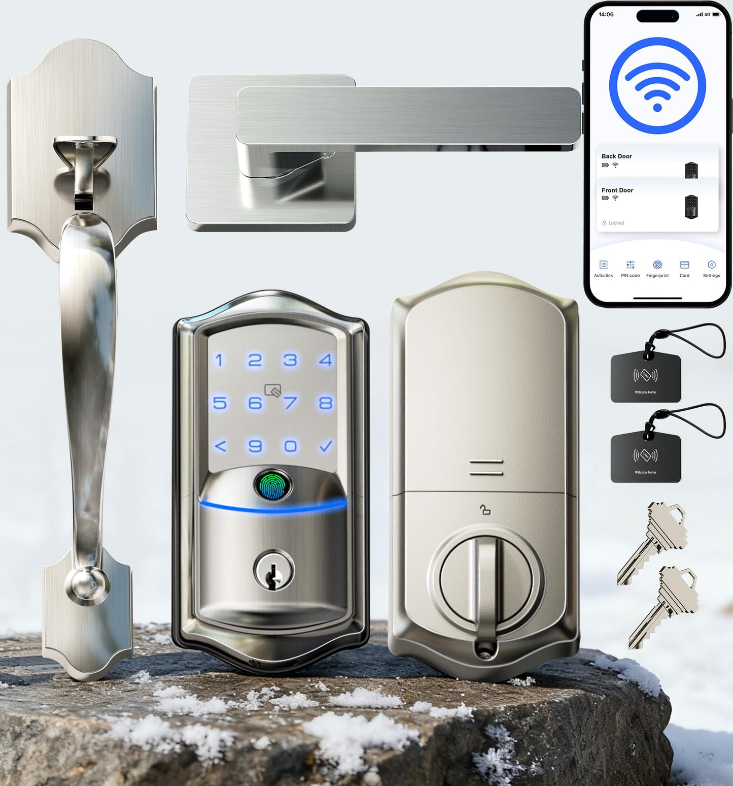 Veise VE027-H Built-in Wi-Fi Fingerprint Smart Deadbolt Lock with Handleset, App Remote & Voice Control, Keyless Entry Front Door Lock Set, Touchscreen Keypad, Auto-Lock, Easy Setup, Satin Nickel
