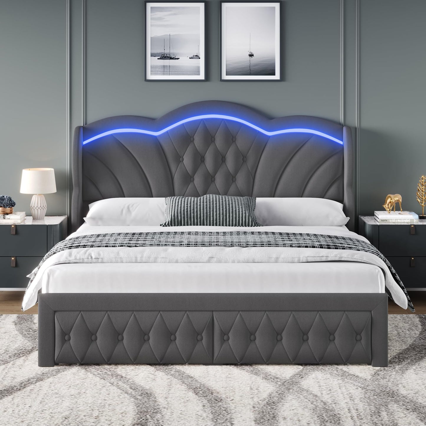Keyluv Queen Bed Frame with LED Lights and 2 Storage Drawers, Velvet Upholstered Platform with 47" Tall Arc-Shaped Wingback Headboard and Button Tufted Design, No Box Spring Needed, Noise-Free, Gray