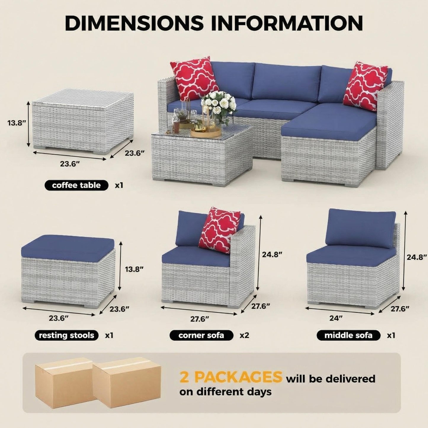GarveeTech 5 Pieces Patio Furniture Set, All Weather Wicker Rattan Sectional Sofa, Outdoor Patio Furniture Set with Washable Cushions for Garden, Backyard, Porch, Poolside (Grey&Blue)
