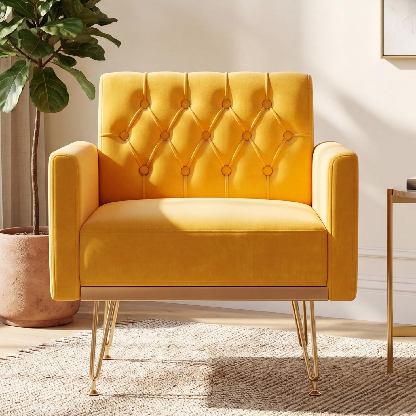 KEIKI Small Velvet Accent Chair, 31 Inch Modern Tufted Upholstered Armchair with Metal Leg, Comfortable Single Sofa Side Reading Chairs, Comfy Arm Chair for Bedroom Living Room, Easy Assembly, Yellow