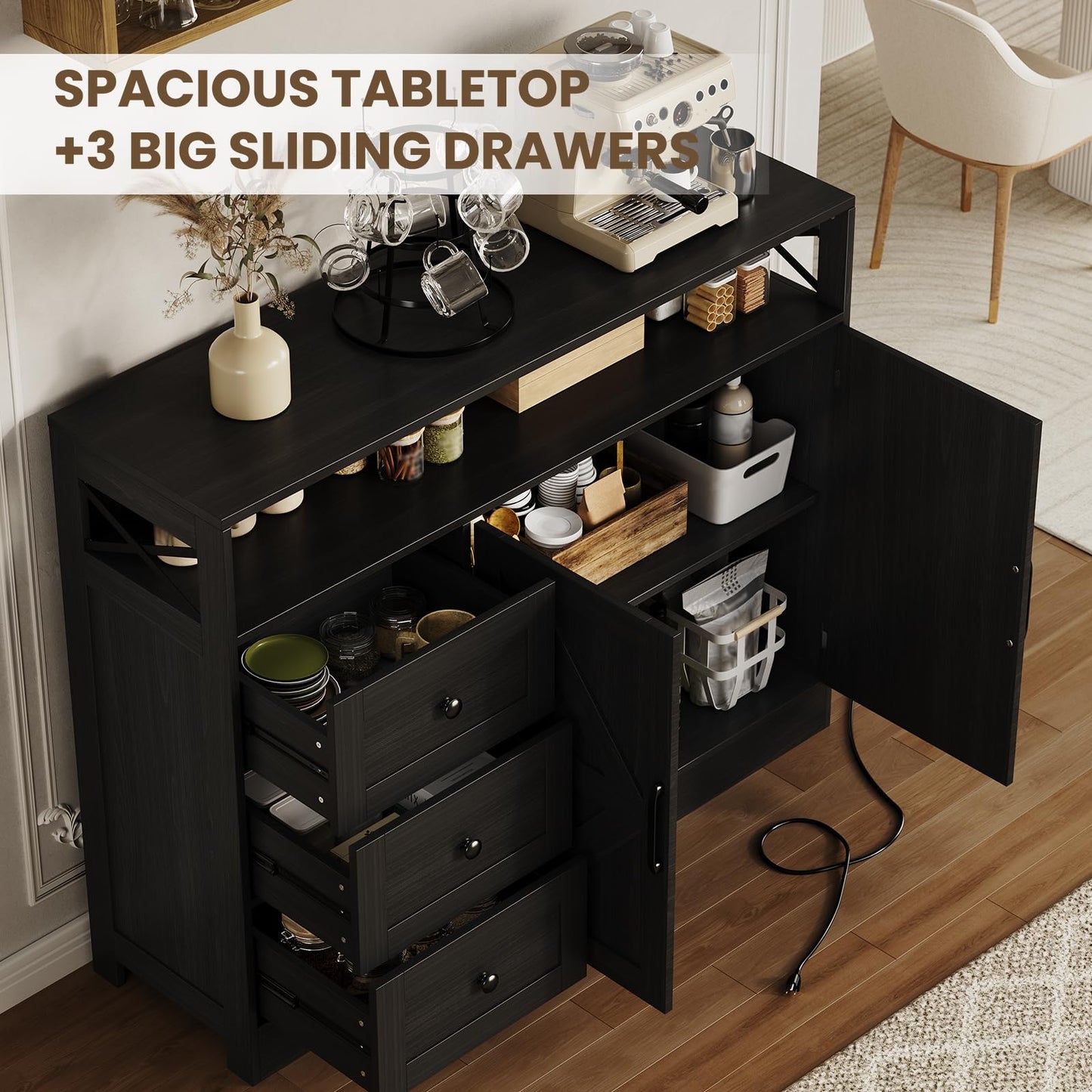 Farmhouse Buffet Cabinet with 3 Drawers & Open Shelf, Sideboard with Storage, 47" Kitchen Pantry Cabinet Hutch, Coffee Bar Station with Built-In Power Outlet for Kitchen, Dining Room- Black