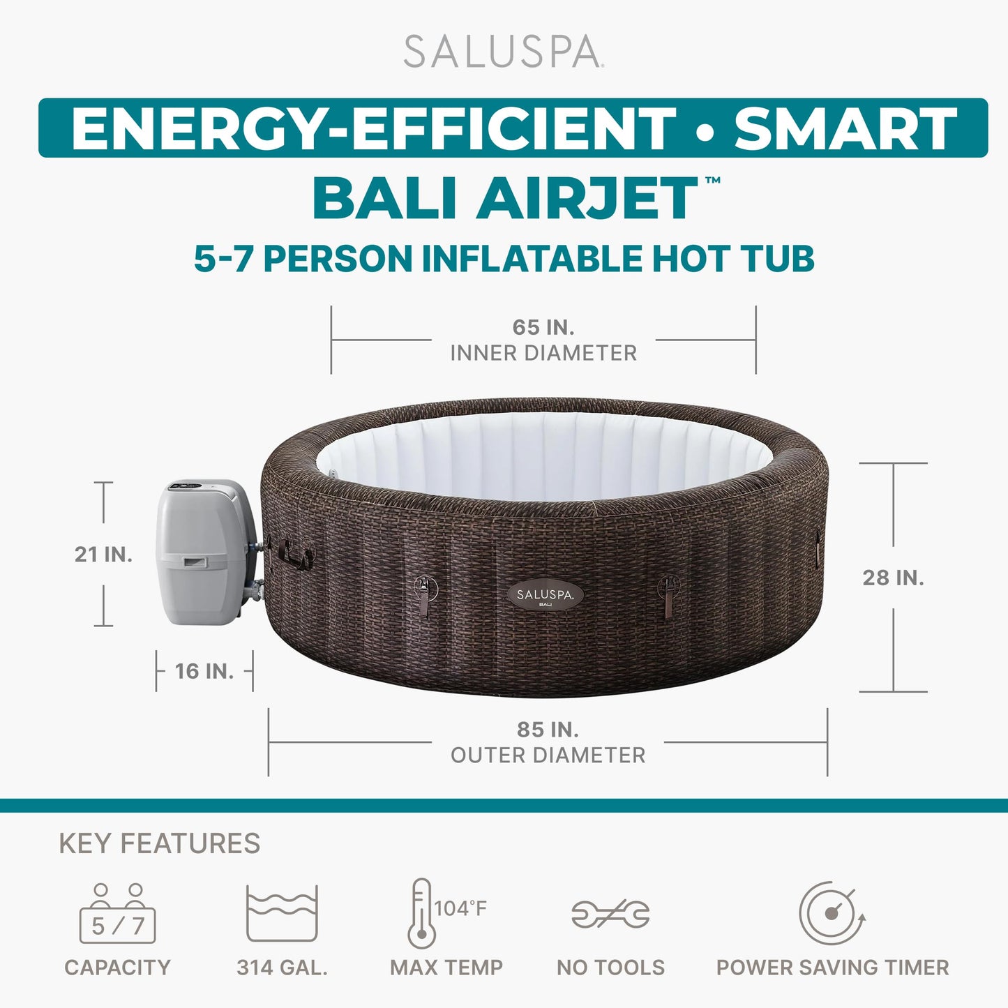 Bestway SaluSpa Bali 5 to 7 Person Inflatable Hot Tub, Round Energy-Efficient Portable Outdoor Spa with 180 AirJets, 85" x 28"