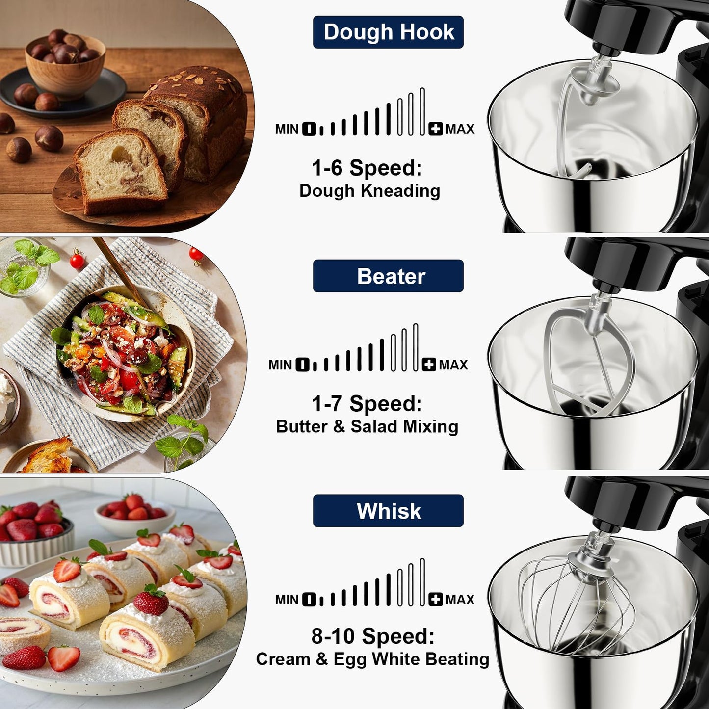 Camic Stand Mixer, 4.2QT+5.3QT Two bowls Electric Food Mixer, 10 Speeds with Digital setting 3-IN-1 Kitchen Mixer for Baking Cakes Cookie Bread Salad with Egg Whisk,Dough Hook,Flat Beater (Black)