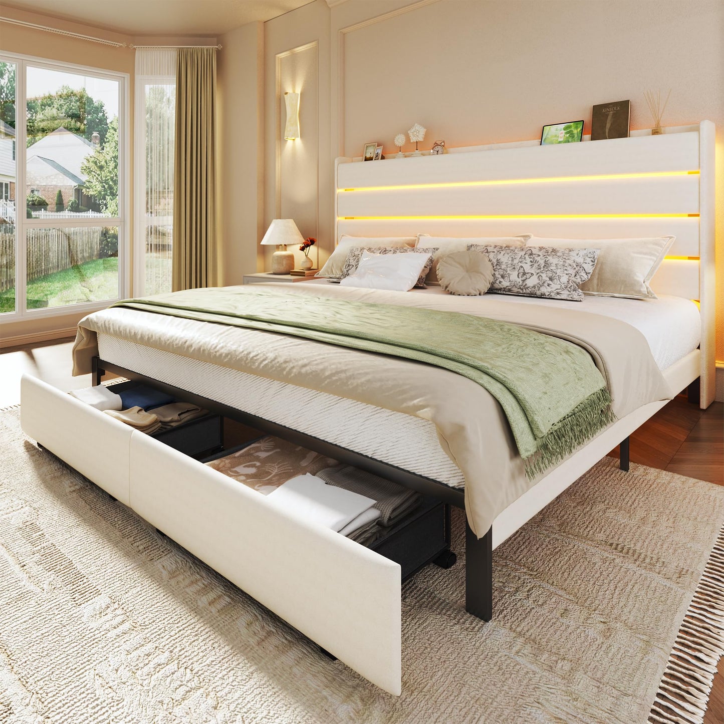 HUAHUU Queen Bed Frame with Storage, Velvet Upholstered Queen Size Upholstered Headboard with LED Light & Charging Station, Platform Bedframe with Drawers, Metal Slats, White