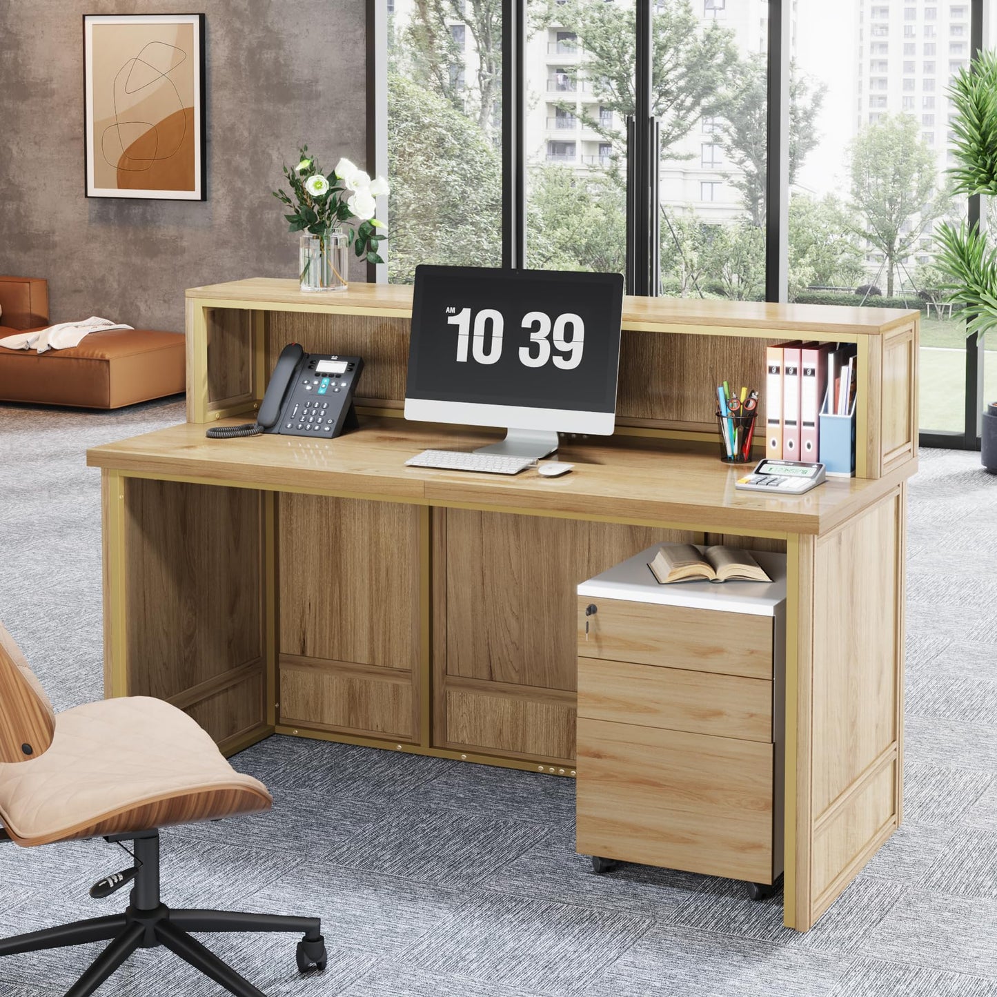 Tribesigns 57-inch Reception Desk with Counter, Front Receptionist Table, Boho Welcome Desk Checkout Counter for Office, Retail, Lobby, Beauty Salon (Oak)