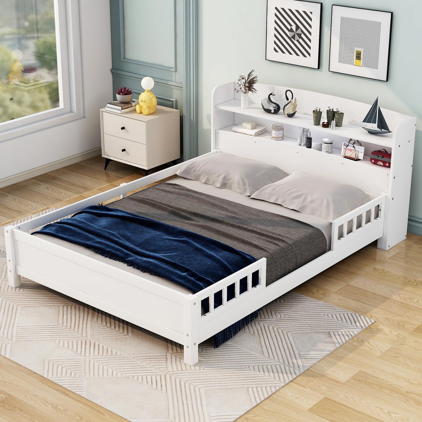 Merax Full Size Bed Platform Frame, Solid Wood Full White Bed Frame with Storage Headboard, Built-in Light and Safety Guardrail, No Box Spring Needed, Easy Assembly, Noise-Free