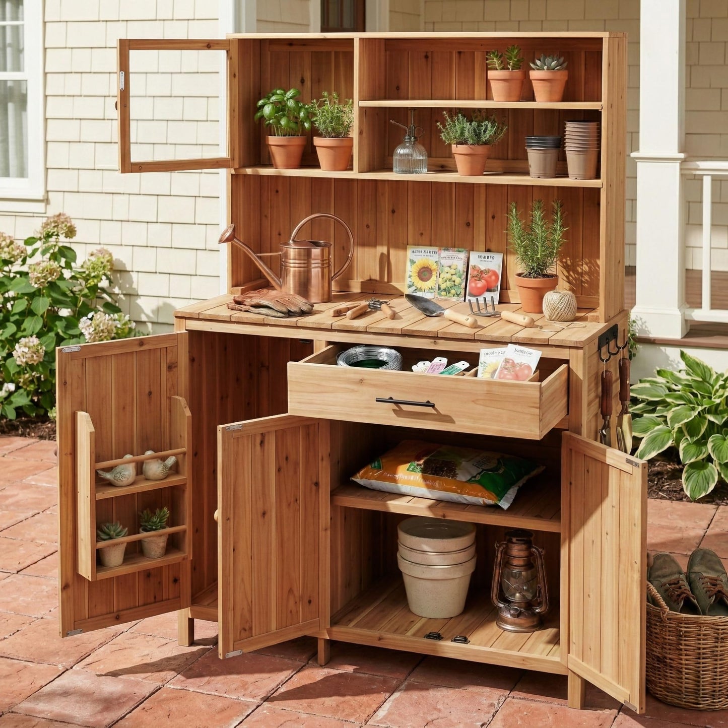 Merax Outdoor Garden Potting Bench with Hutch, 65" H Solid Fir Wood Patio Garden Workstation Tabl with Large Countertop, Adjustable Shelves, Door Rack, Side Hook and Drawer, Natural