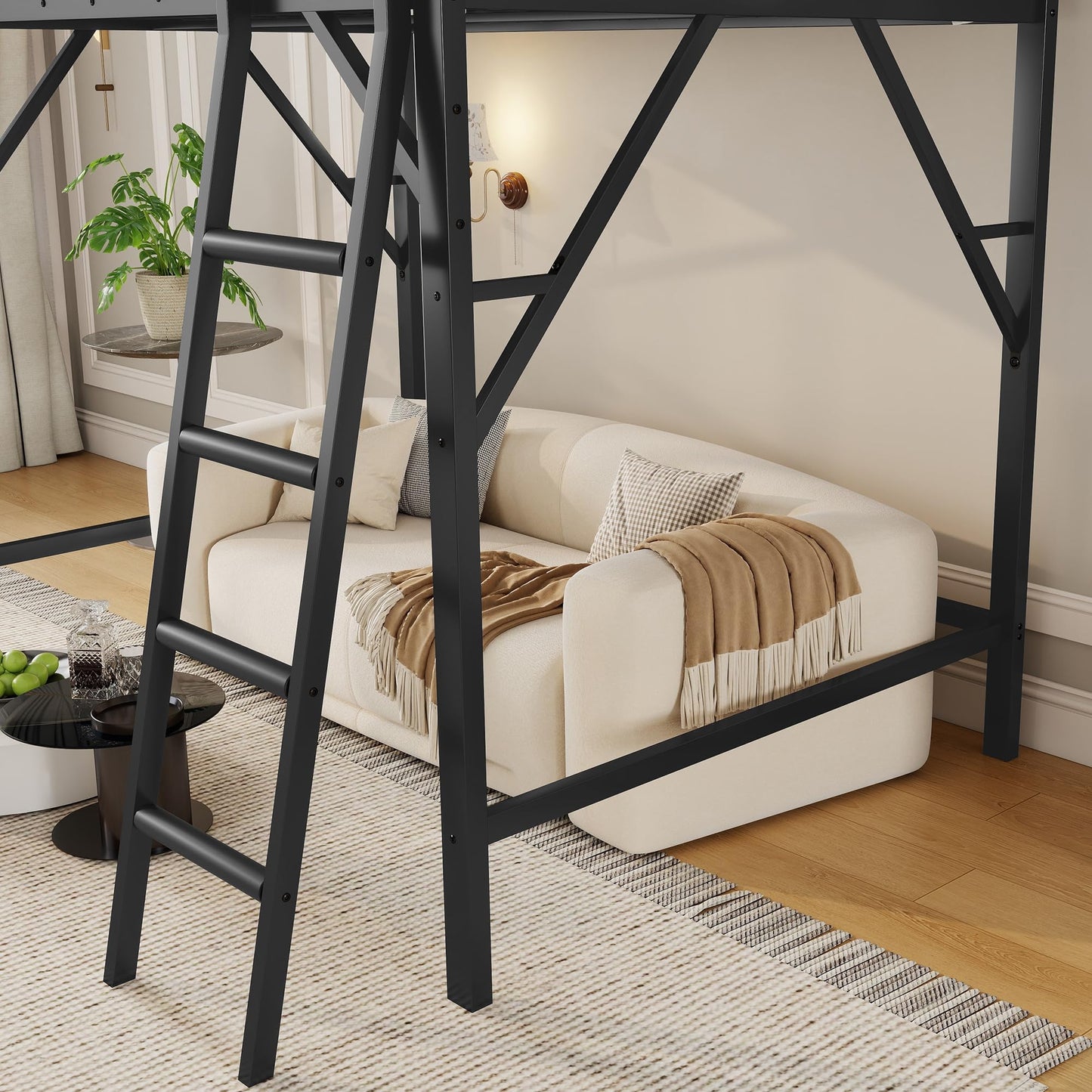 KEIKI Full Size Metal Loft Bed Frame with Ladder and Built-in Storage Shelves, for Teens, Modern Style Loft Bed with Solid Slats, Guardrail, No Box Spring Required, Easy Assembly, for Bedroom, Black