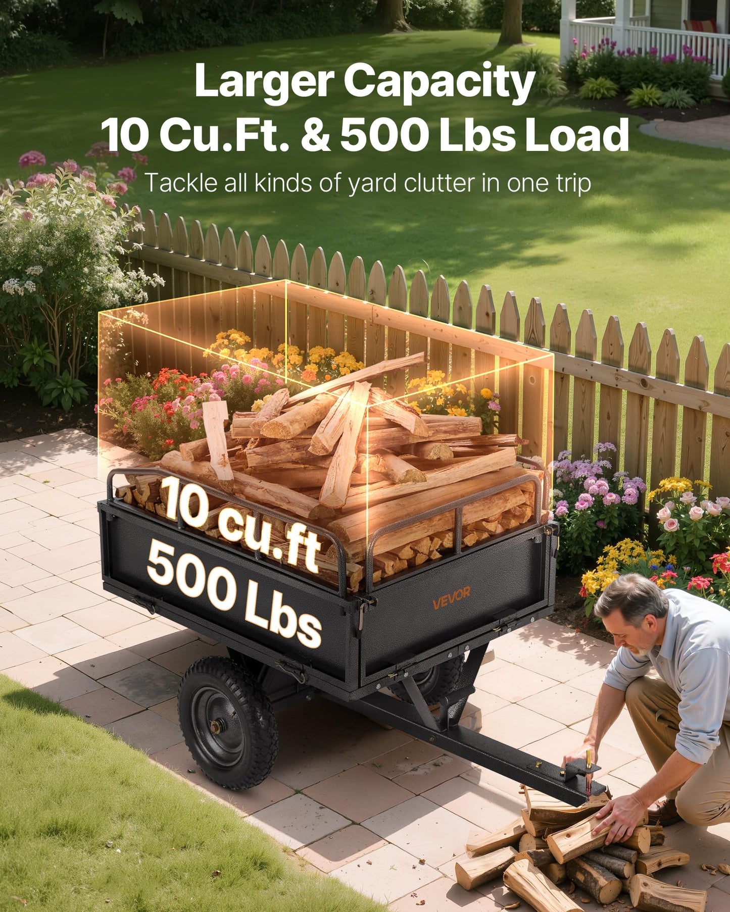 VEVOR 10 Cu.Ft. & 500lbs ATV Trailer Dump Cart Tow Behind, Heavy Duty Utility UTV Trailer, Tow Behind Steel Yard Dump Wagon Cart with 14" Tires for Lawn Mower Tractor