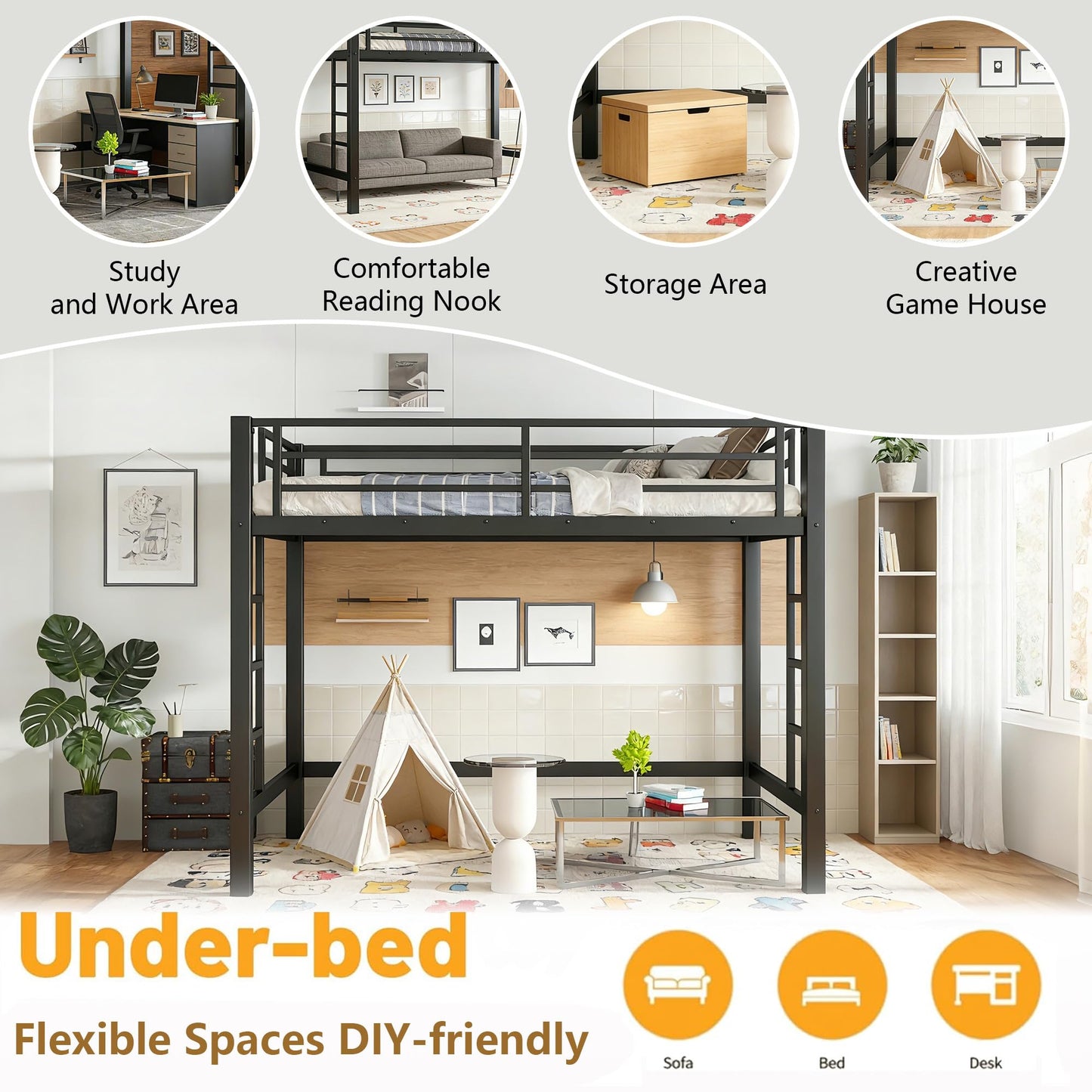 Bellemave Full Size Metal Loft Bed Frame with 2 Ladders, High Guardrail & Sturdy Iron Construction, Space-Saving Adult Loft Bed for Dorms, Safe for Kids, Teens, No Box Spring Needed, Black