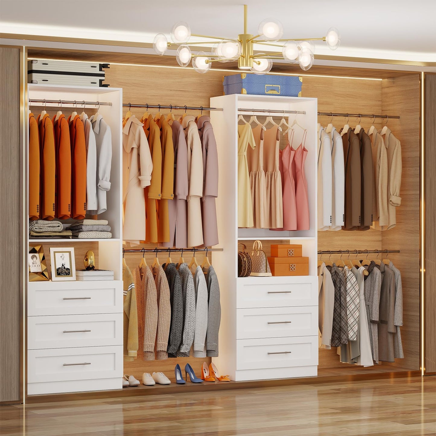Closet System with 6 Drawers, 4FT-15FT 2-Piece Closet System, Walk in Closet System Organizer, Modular Closet System with 10 Adjustable Hanging Rods & Shelves, Closet Storage System for Bedroom, White