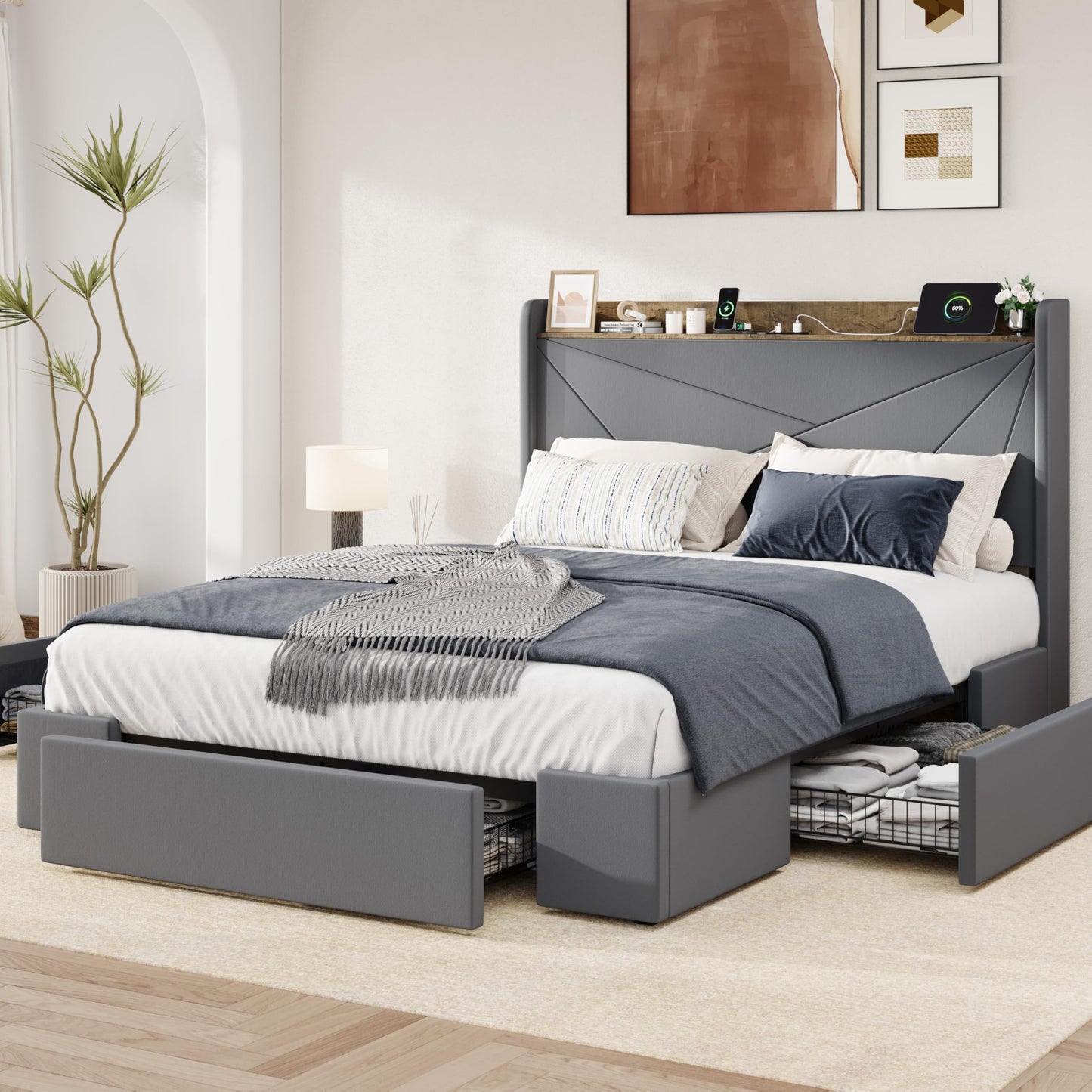 Allewie Queen Size Velvet Bed Frame with 3 Storage Drawers, Upholstered Platform Bed with Wingback Storage Headboard and USB Ports, No Box Spring Needed, Easy Assembly, Grey