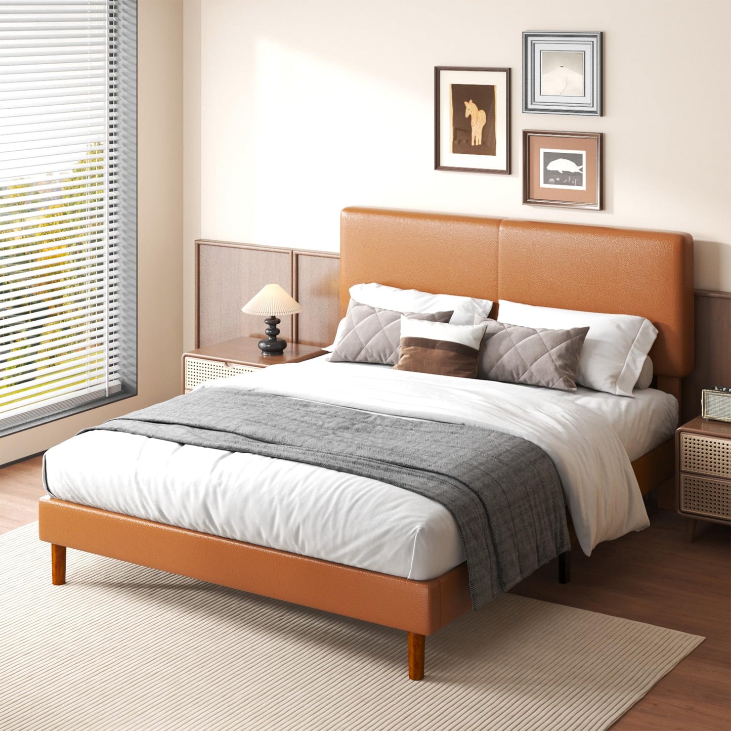 Lcwtvgxr Full Upholstered Platform Bed Frame with Headboard, Faux Leather Modern Bed Frame with Wood Slat Support, No Box Spring Needed, Easy Assembly, Orange-Brown