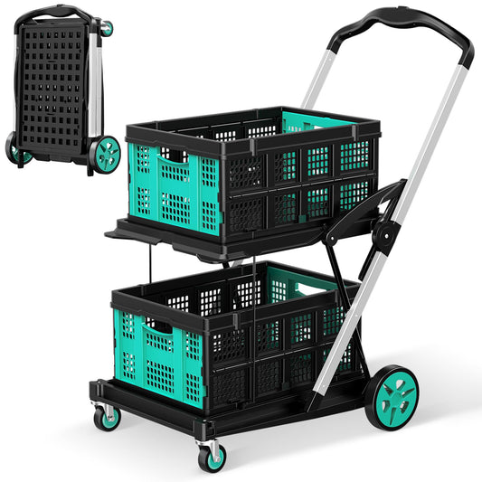 Dkenicor Collapsible Shopping Cart, 8-in-1 200LBS Multi Functional Utility Cart with 2 Storage Crate, Adjustable Handle Grocery Cart on Wheels for Shopping/Warehouse/Office/Supermarket - Blue