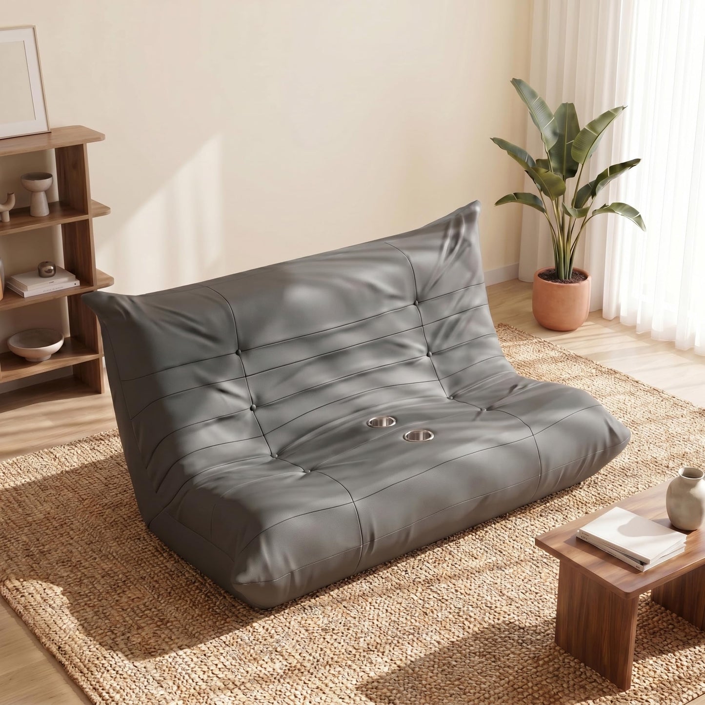YESHOMY Boneless Loveseat Couch, Oversized Ergonomic Floor Sofa Couch, Durable PU Leather Sofa with Cup Holders, No Assembly Fireside Couches for Living Room, Bedroom (Gray)