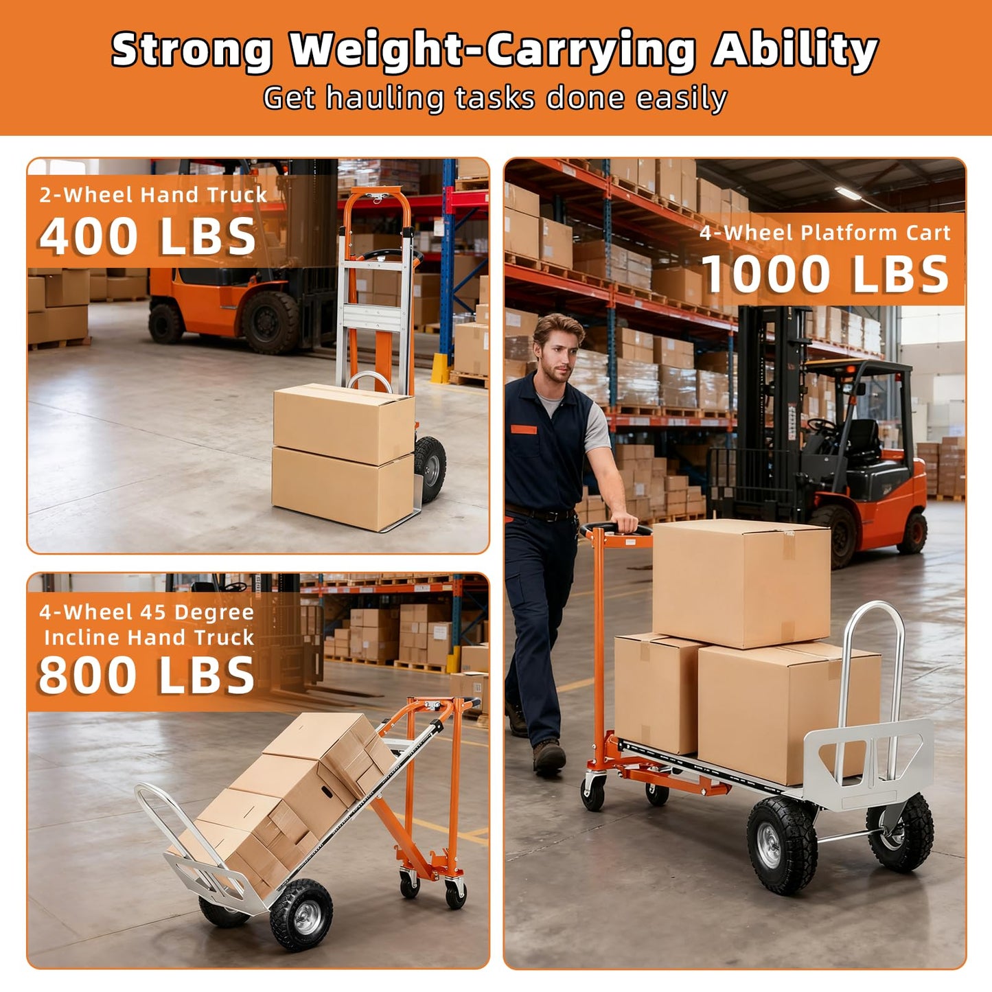 Aluminum 4 in 1 Convertible Hand Truck Dolly, 1000Lbs Capacity, Heavy Duty Folding Hand Truck Dolly Cart with Wheels 10" All-Terrain Tires, Hand Trucks for Logistics, Moving Home, Shopping, Office