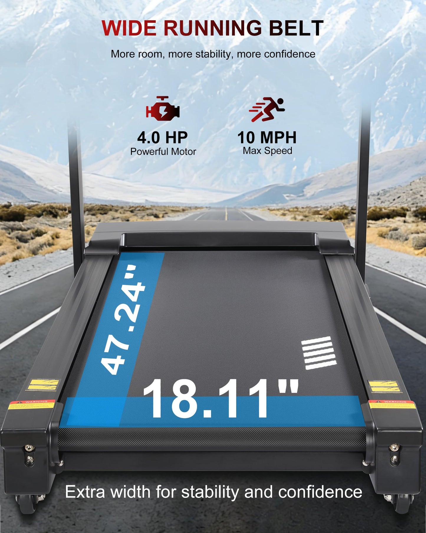 Treadmill with 15-Level Auto Incline, 47"x18" Wide Running Belt, 400 LB Capacity, 10 MPH, 4.0 HP Brushless Incline Treadmill for Home, Shock Absorption, Bluetooth Speaker & App
