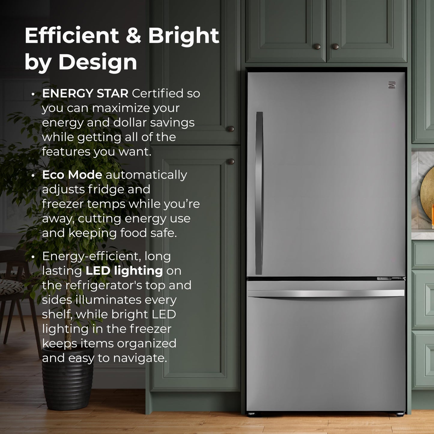 Kenmore 31" Bottom Freezer Refrigerator - Ice Maker, Adjustable Shelving, Crispers Drawers, LED Lighting, ENERGY STAR Certified, 22.3 cu. ft. Capacity, Fingerprint Resistant Stainless Steel