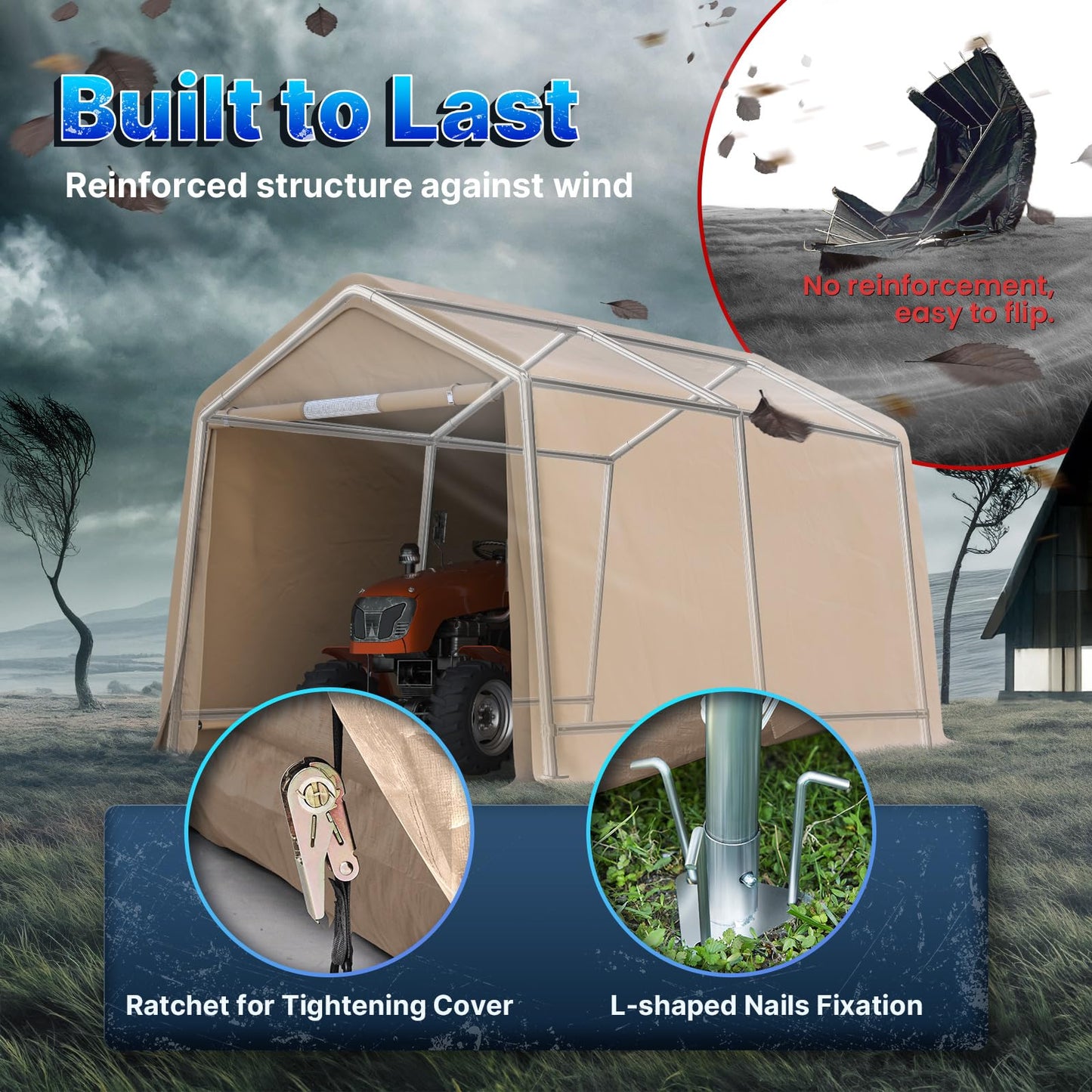 ADVANCE OUTDOOR 8x14 ft Steel Metal Peak Roof Portable Garage Shelter Storage Shed Carport for Motorcycle, Bike or Garden Tools with 2 Roll up Doors & Vents, Beige
