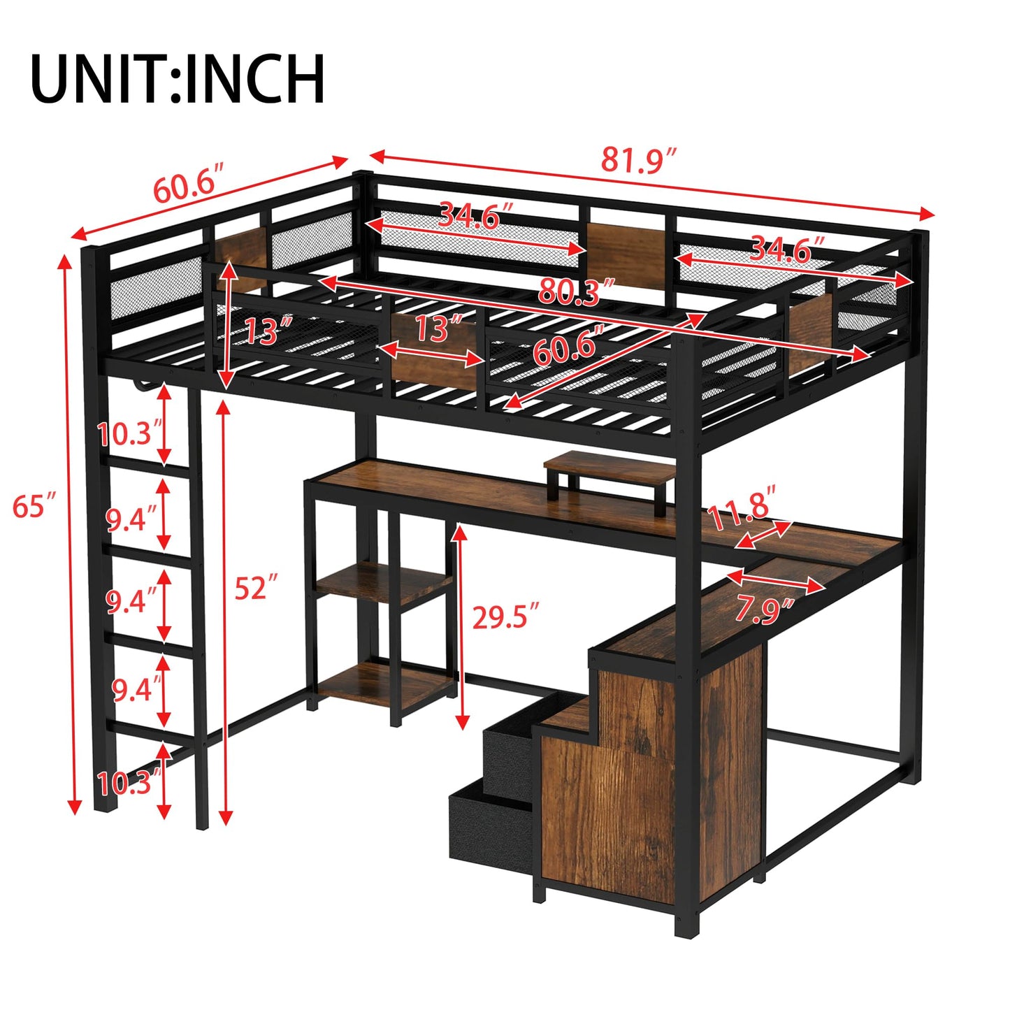 Bellemave Queen Loft Bed with L-Shaped Desk and Storage Drawers, Queen Size Loft Bed Frame with Computer Monitor Stand, Corner Shelf and Hanger Rod, Adults Loft Beds Nosie-Free, Black