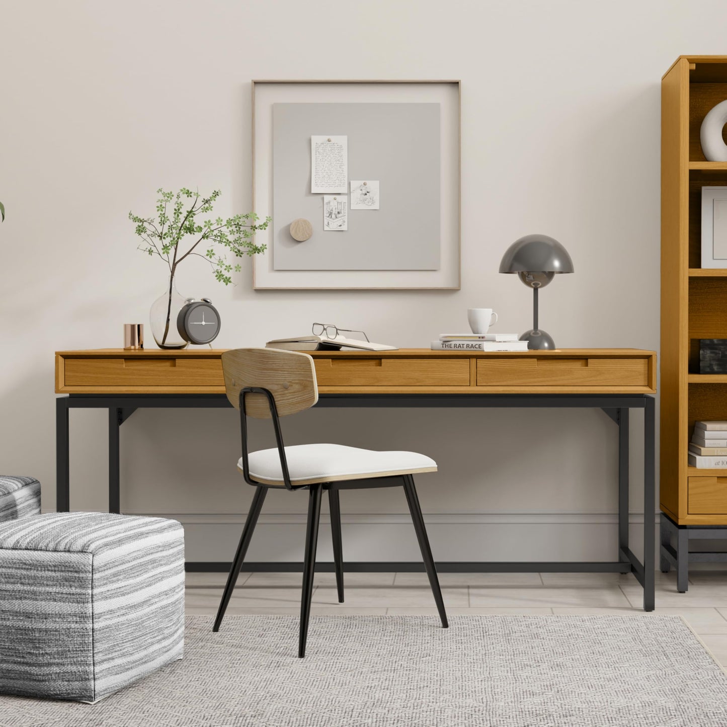 SIMPLIHOME Banting Desk - 72 Inch Wide Solid Oak Veneer and Metal Writing Desk in Oak, Modern Industrial Home Office Computer Table for Study with 2 Drawers and Flip-Down Keyboard Tray