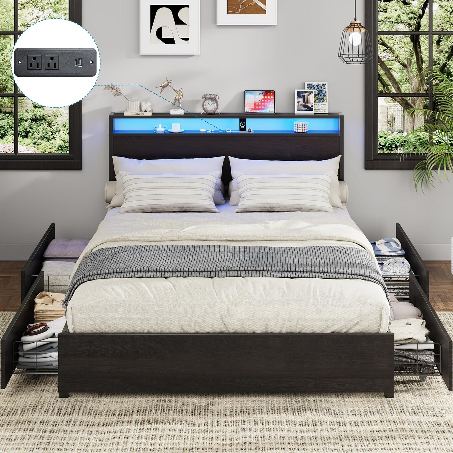 Kiivakii Queen Size Bed Frame with 4 Storage Drawers, LED Platform Bed with Headboard, Built in Charging Station, Noise-Free, Metal Support Base, No Box Spring Needed, Black