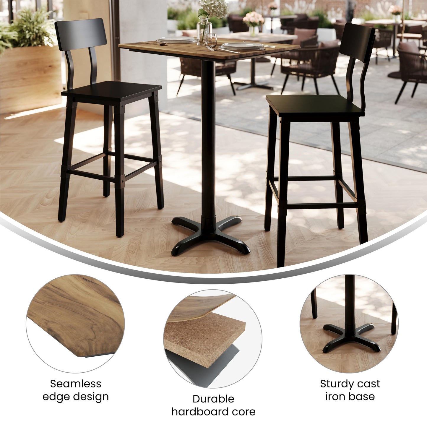 Flash Furniture TopGuard 30" x 24" Indoor Natural Tabletop with 22" x 22" Black Bar Height X Base, Seamless TopGuard HPL Top and Edge