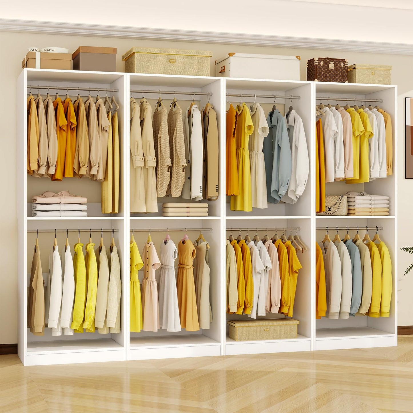 Closet System with 12 Hanging Rods& Shelves , 8FT Small Closet Organizer System Storage Wood with Extra Side Hanging Rod for Walk in Closet, Adjustable Modular Closet Systems Customize, White(8FT)