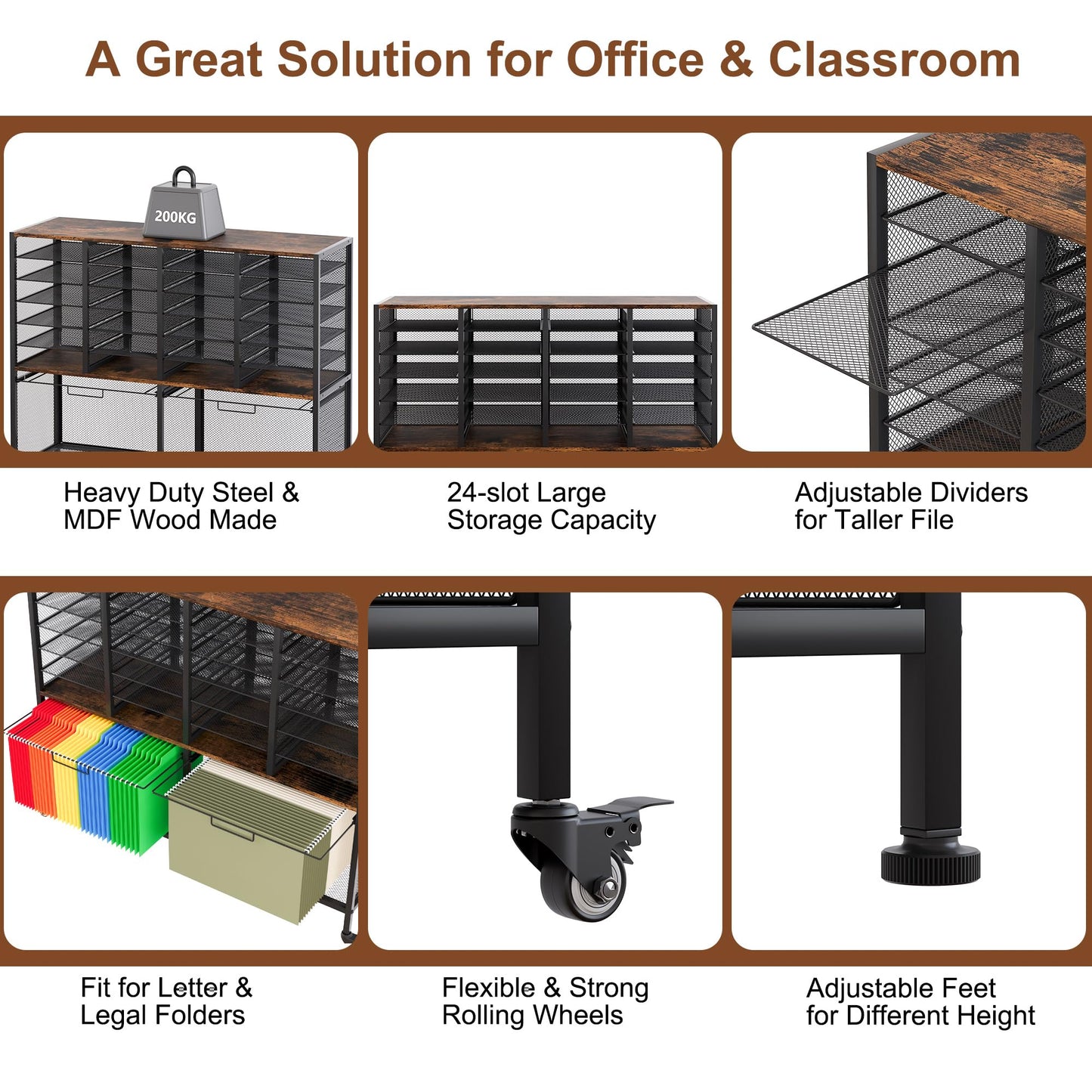 EasyPAG Rolling File Cart with 24 Slot Mail Organizer, Under Desk Storage with Hanging File Rack for Letter/Legal Folders, Mobile Filing Cabinet Printer Stand for Office Home Classroom, Black