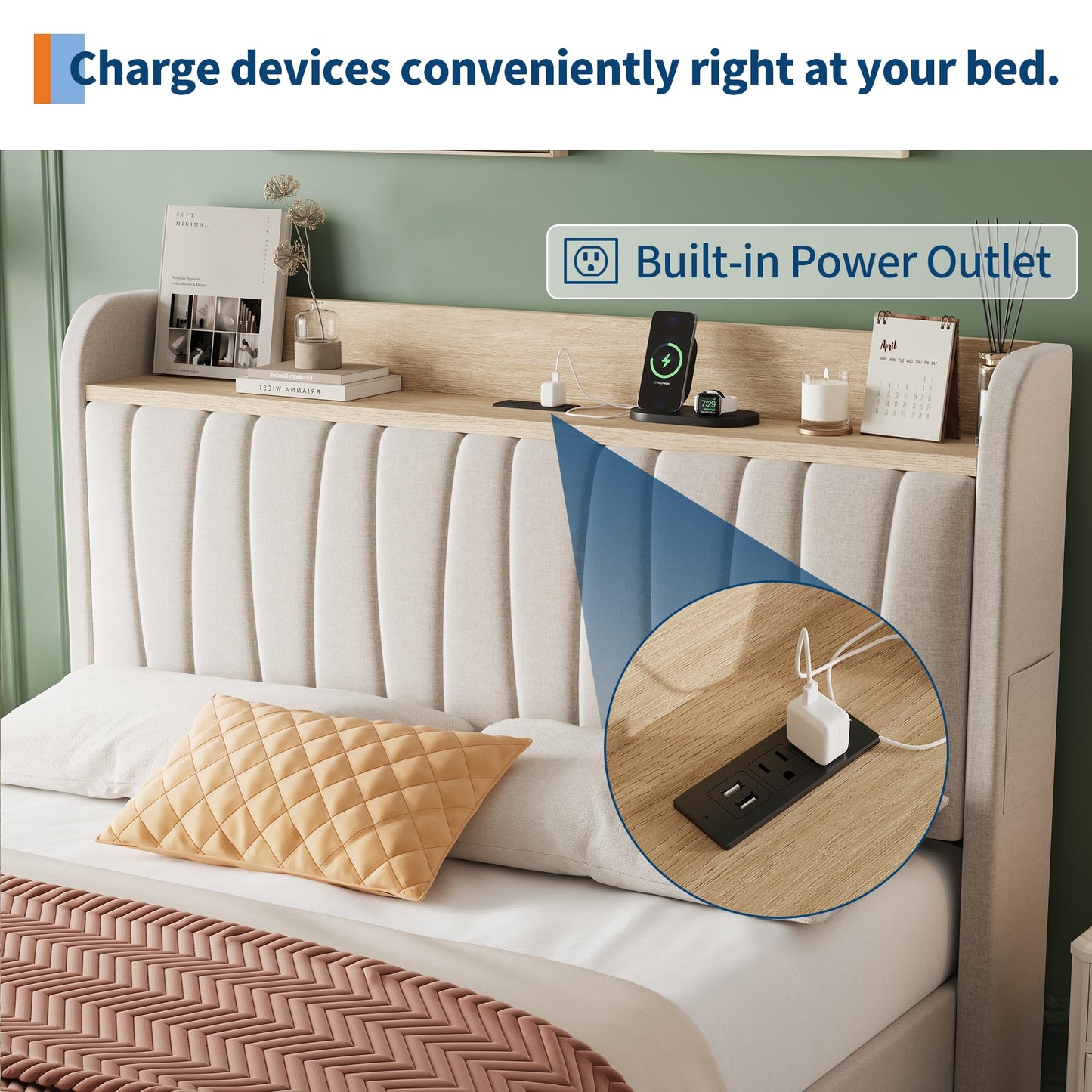Garvee Upholstered Bed Frame Queen Size with Storage Headboard and Charging Station, Platform Bed Frame with Drawers, Heavy Duty, No Box Spring Needed, Easy Assembly, Beige