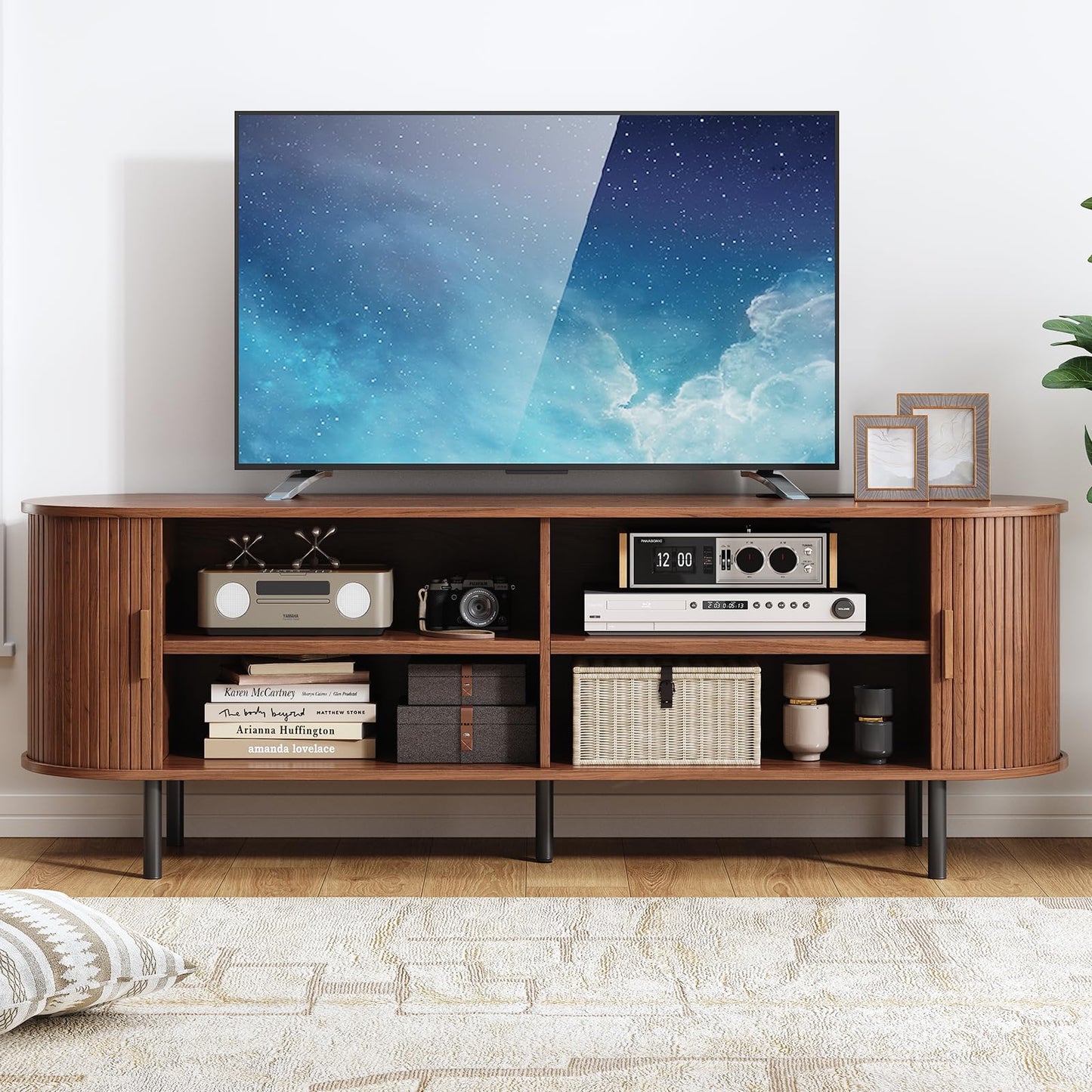 63" Fluted TV Stand with Power Outlet, Modern Media Console with Sliding Doors, Entertainment Center for TVs up to 60 Inch, Adjustable Shelves, Walnut