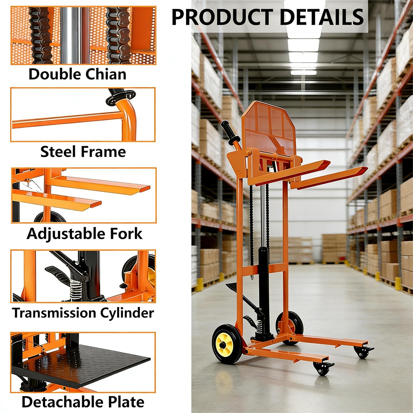Hydraulic Material Lift with Steel Platform Board, 450 Lbs Capacity, 36" Max Lift Pallet Truck Dolly, Table Fork Lift with Adjustable-Width & Height Forks, for Garge, Workshop and Logistics Center