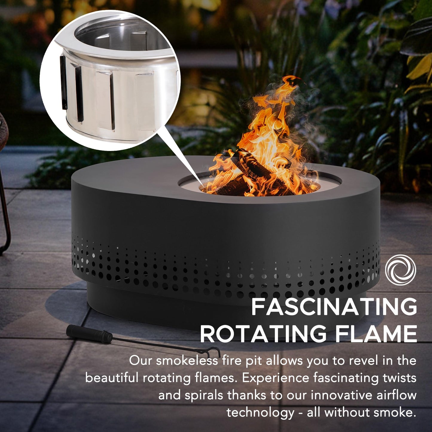 SUNJOY Smokeless Fire Pit with Table Top, 38-Inch Oval Firepit for Outdoor, Stainless Steel Wood Burning Fireplace w/Removable Ash Pan, PVC Cover and Fire Poker, Ideal for Camping, Backyard, Grey