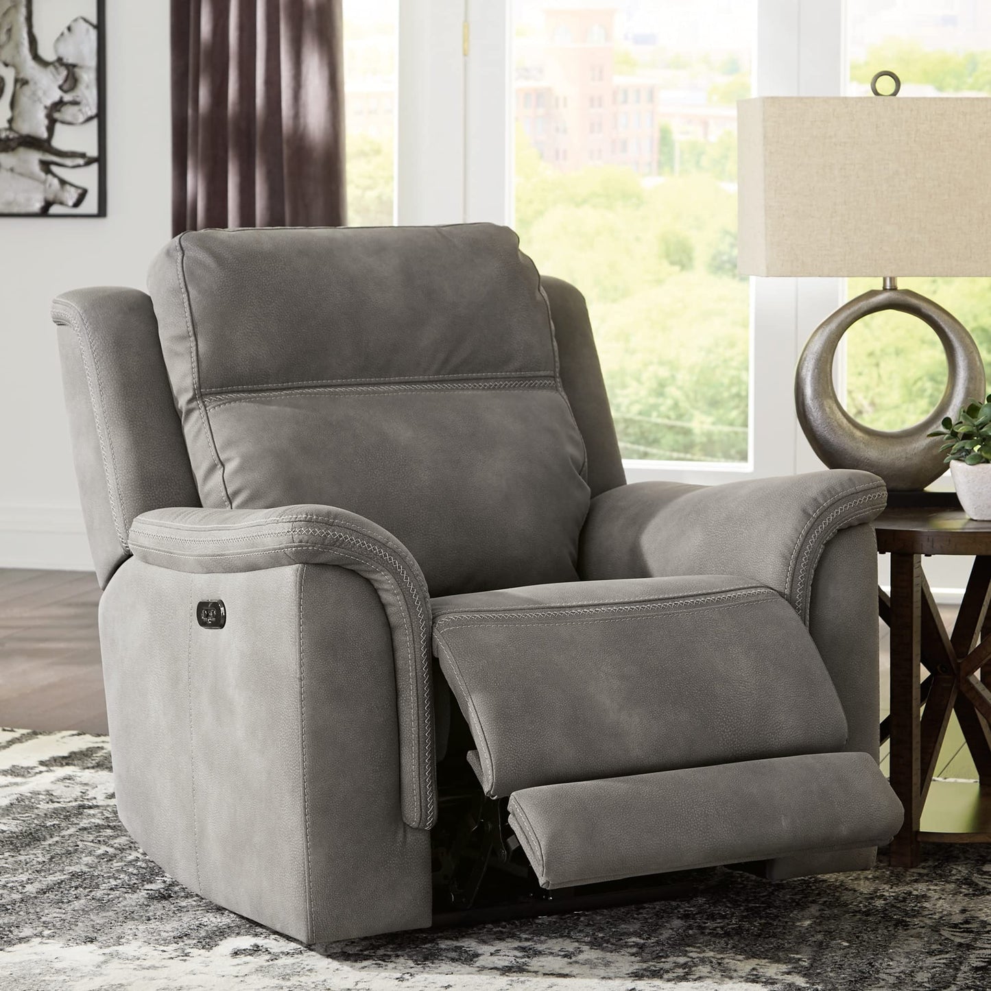 Signature Design by Ashley Contemporary Next-Gen DuraPella Power Recliner with Adjustable Headrest, One-Touch Control, Water Repellent Faux Leather, Gray