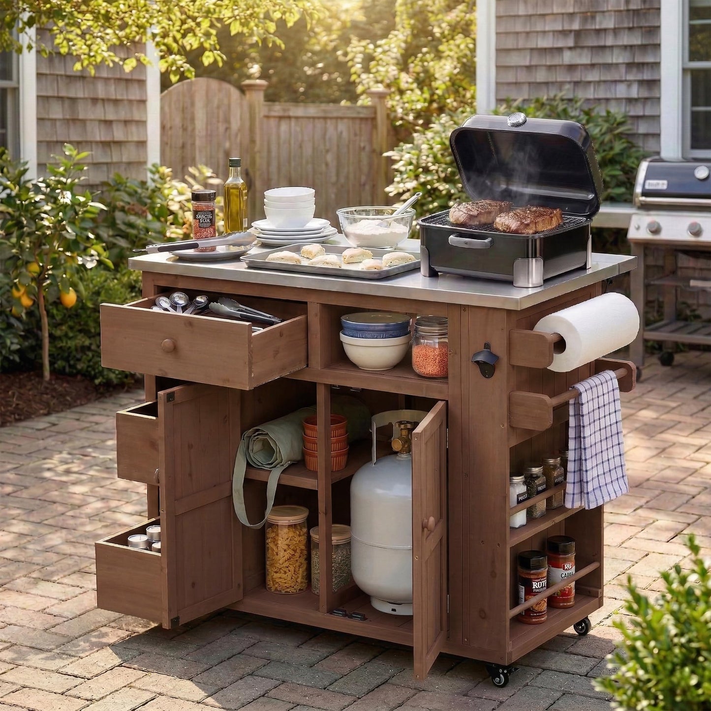 Merax Outdoor Extendable Kitchen Island with Storage, Stainless Steel Top Grill Table with Side Spice Rack, Solid Wood Kitchen Cart with Drawers and Storage Cabinet for Backyard, BBQ, Party