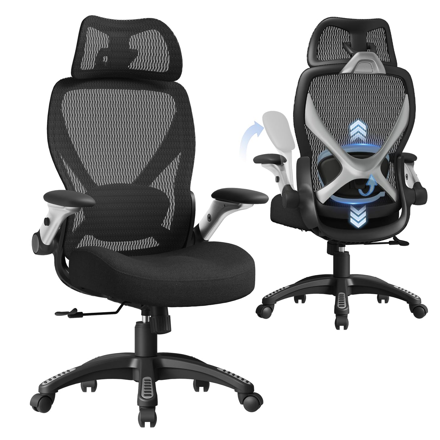 ELABEST X100 Ergonomic Mesh Office Chair, Big and Tall Hone Desk Chair with 5D Flip-Up Arms, Adjustable 3D Lumbar Support,Gaming & Executive Computer Chairs for Long Hours, Padded Seat