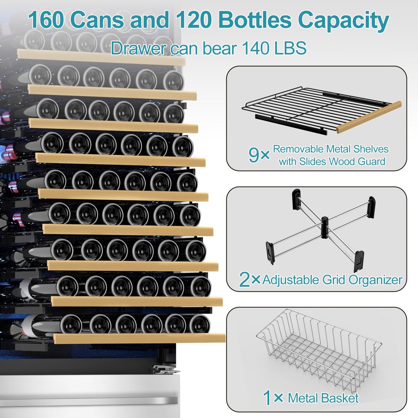 Tylza Wine and Beverage Refrigerator, 24'' Dual Zone Wine Fridge with Dual Drawers, Holds 160 Cans and 120 Bottles, Reversible Door, Built-In or Freestanding, Beverage Fridge for Home or Commercial