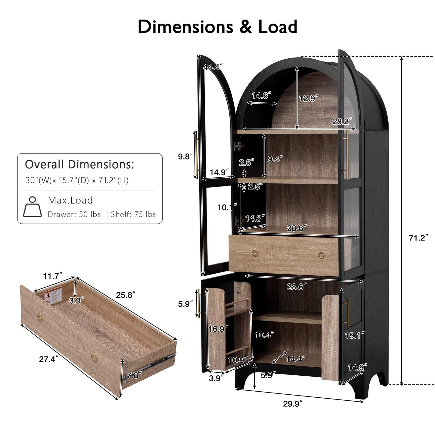 GDFStudio Mariah 71" Tall Arched Kitchen Pantry Cabinet with Hidden Drawer, Glass Door & Adjustable Shelves, Farmhouse Storage Cabinet Cupboard for Kitchen Dining Room, Home Pantry Storage, Black