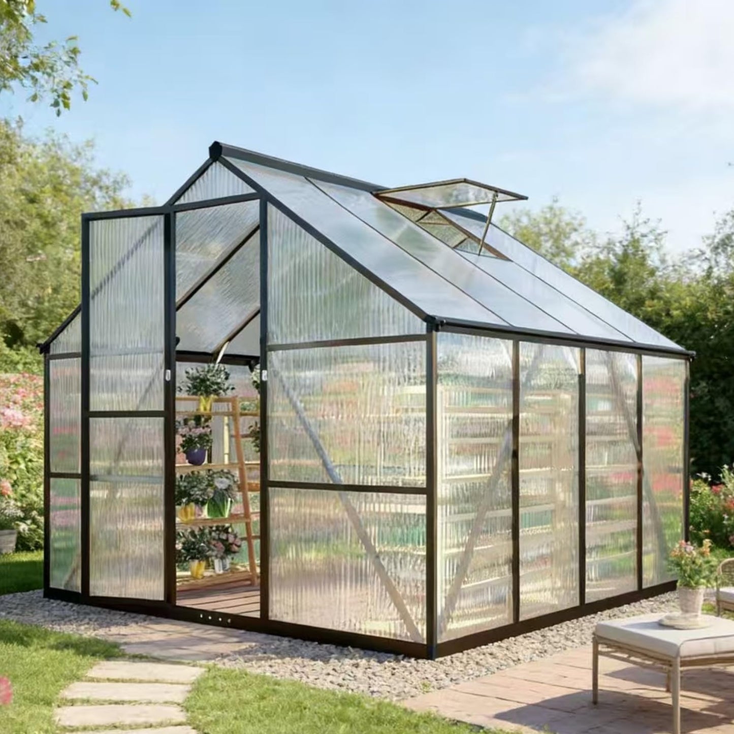 8x8 FT Greenhouse for Outdoors, Polycarbonate Greenhouse with Quick Setup Structure and Roof Vent, Aluminum Large Walk-in Green House for Outside Garden Backyard, Charcoal Black