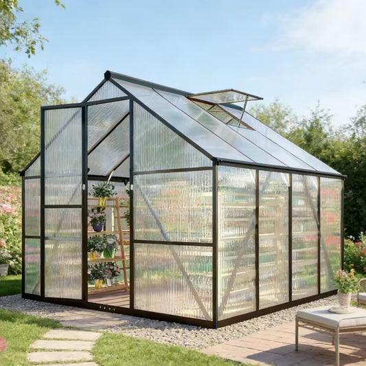 8x8 FT Greenhouse for Outdoors, Polycarbonate Greenhouse with Quick Setup Structure and Roof Vent, Aluminum Large Walk-in Green House for Outside Garden Backyard, Charcoal Black