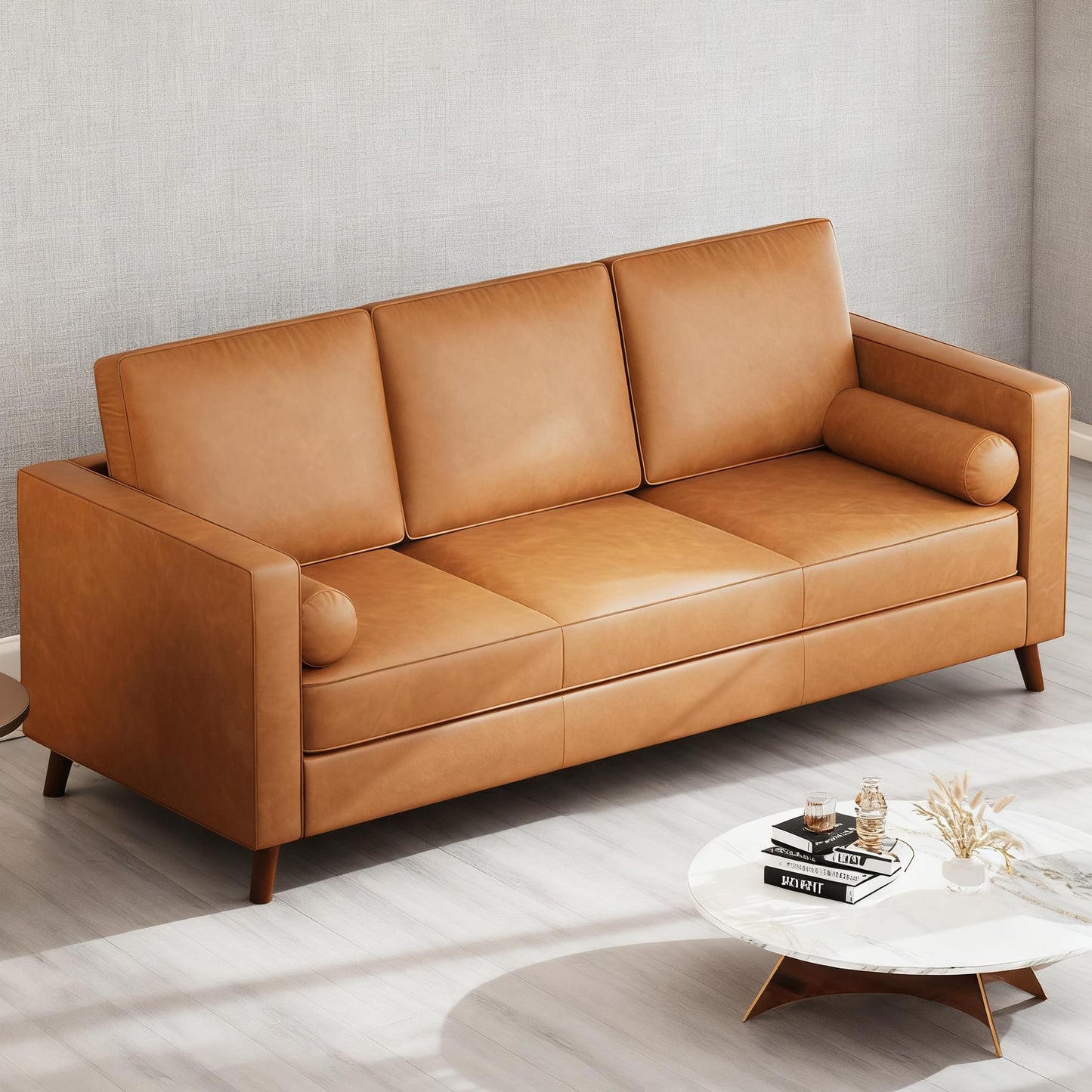 GAOMON 86" Leather Sofa, Mid-Century Modern Couch, Faux Leather Couch with Deep Seats, 3-Seat Sofa for Living Room, Office, Cognac Tan