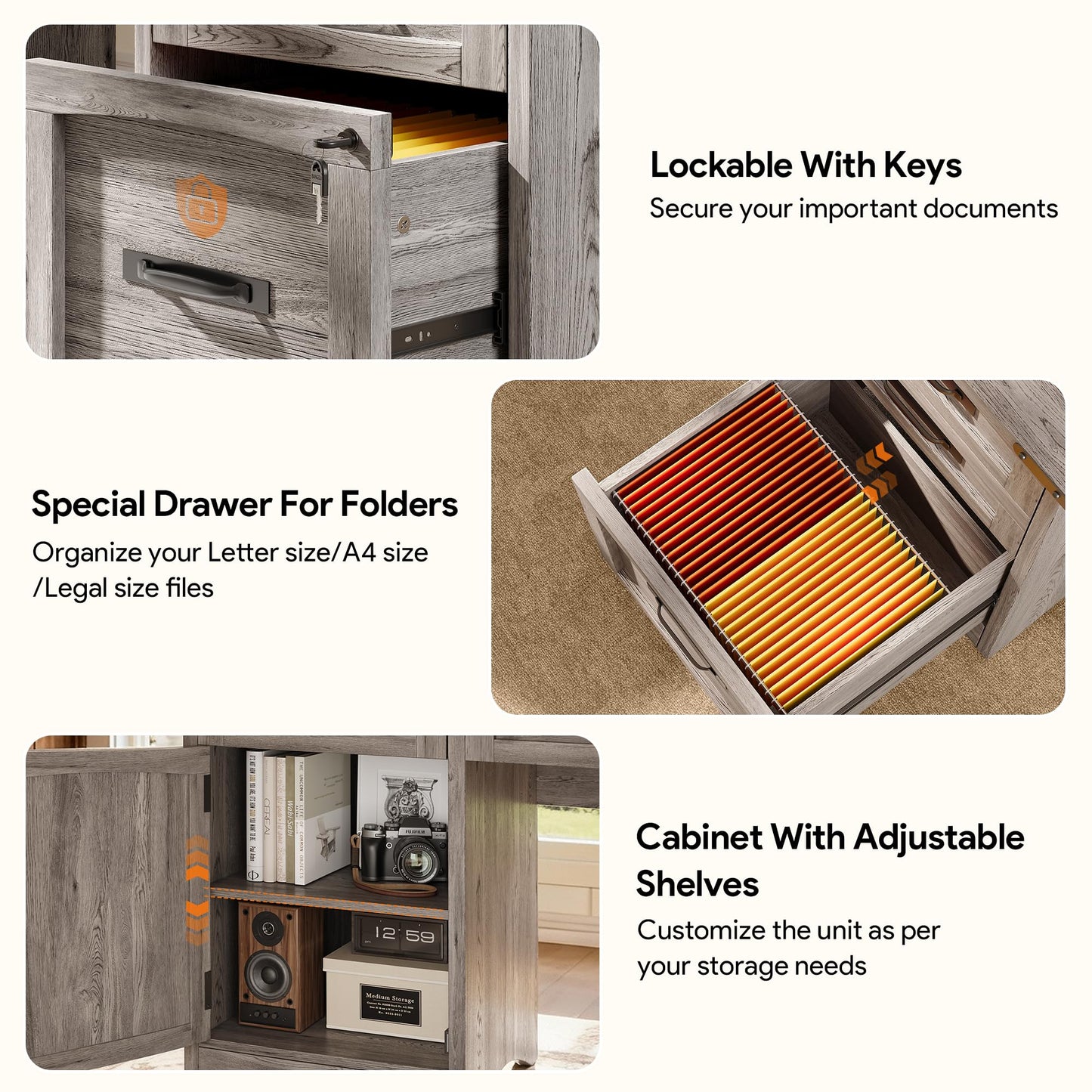 Decofy Farmhouse Executive Desk with Drawers, 55" Home Office Desks with Fast Charging Station, Lockable File Cabinet, Wood Writing Computer Desk for Work, Study, Grey