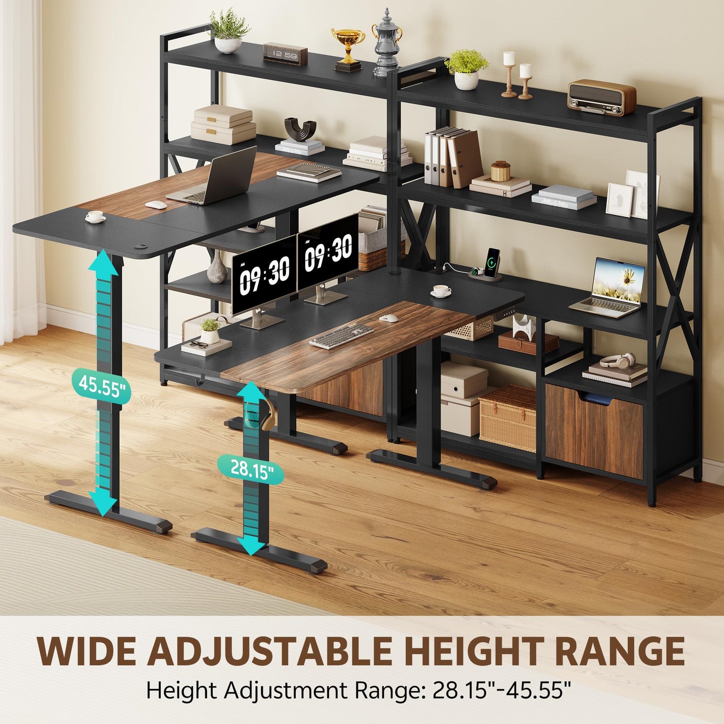 Homiflex 77.8 Inches L Shaped Standing Desk Corner Desk with Hutch Electric Height Adjustable Desk with Storage Shelves File Drawer Power Outlets Reversible Computer Gaming Desk for Home Office Black