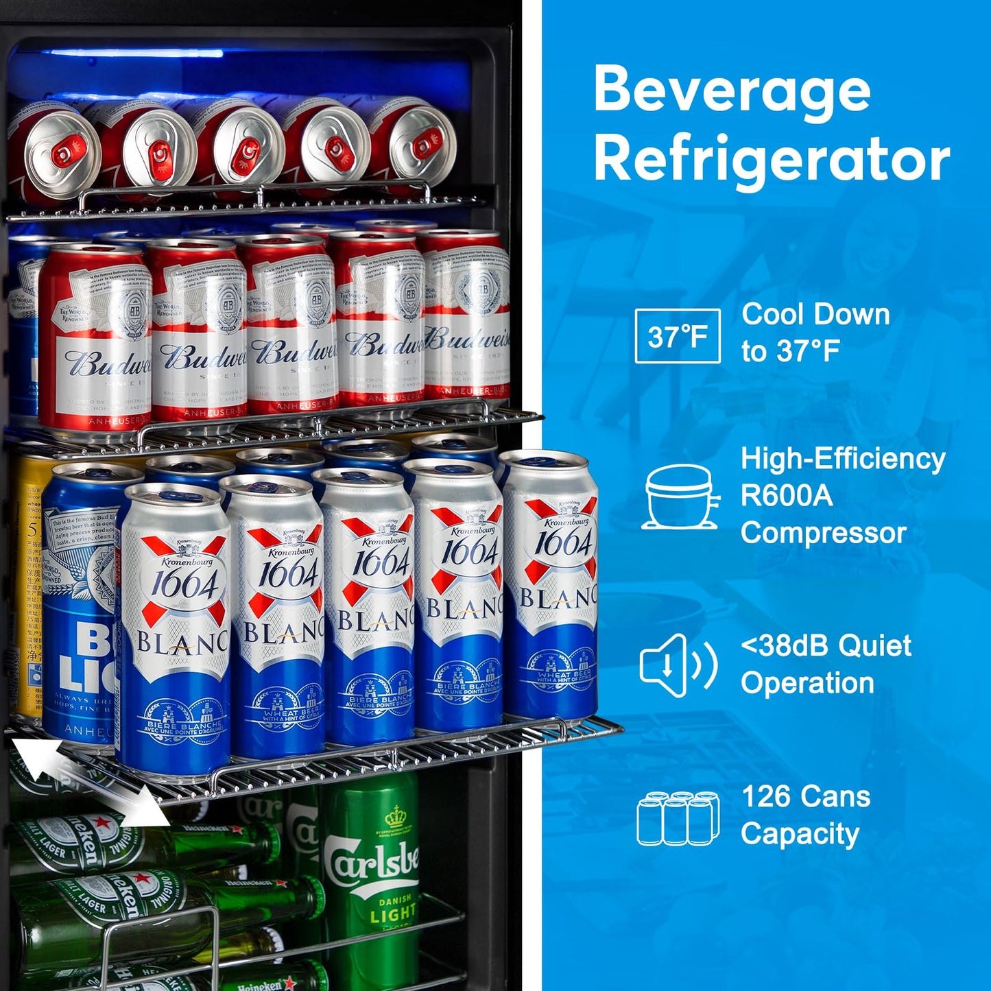 FoMup Beverage Refrigerator 17 inch Wide - 126 Can Beverage Cooler with Glass Door | Counter-Top/Freestanding Mini Beverage Beer Fridge | Temperature Memory | Invisible Door | Perfect for Soda, Beer