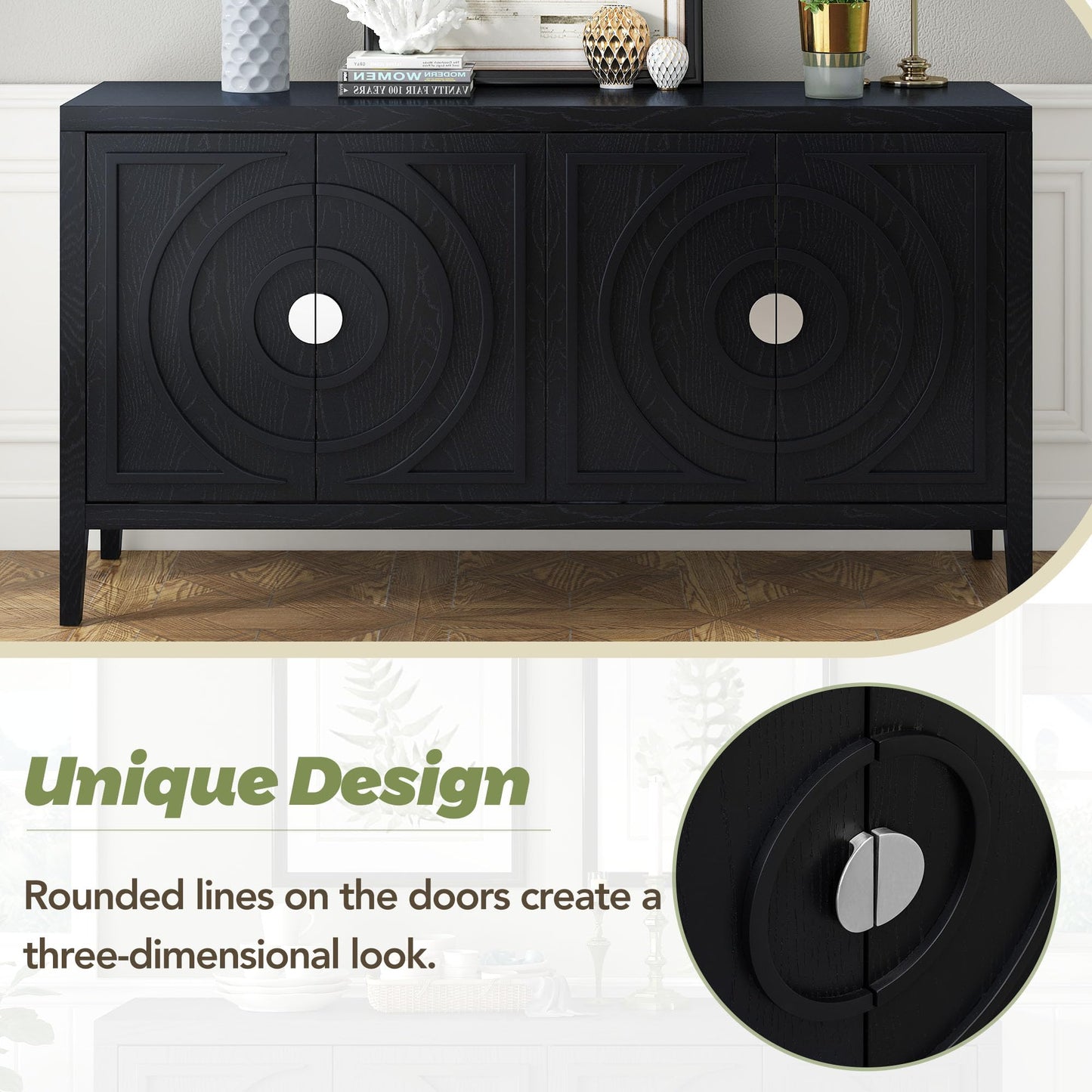 Merax Modern Rustic Wood Buffet Sideboard with Storage Shelf, 4 Doors Coffee Bar Cabinet TV Stand for Bedroom Living Room Dinning Room Kitchen Black