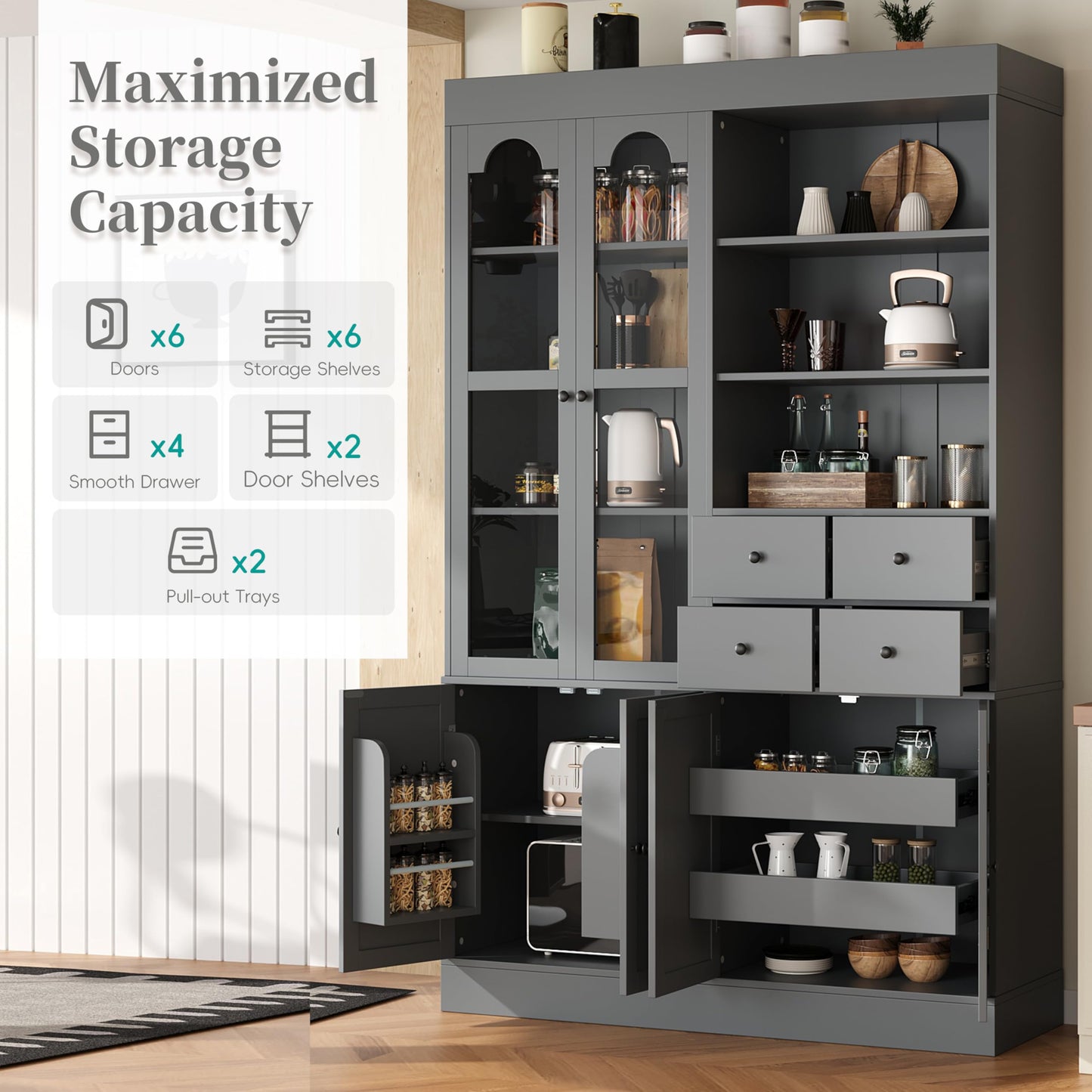 Merax Wood Kitchen Pantry with 4 Drawers, 3 Cabinets and Hutch, Tall Cupboard Dining Storage Cabinet with Door Shelves and Pull-Out Trays for Living Room, Kitchen, Dining Room Gray
