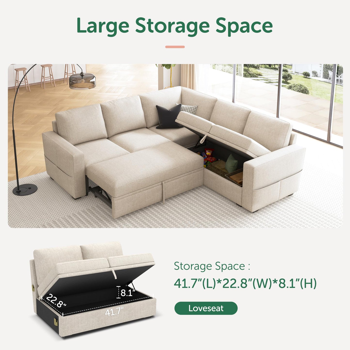 HONBAY Modular Sectional Sleeper Sofa with Pull Out Bed, L Shaped Couch with Storage Seat, Convertible Sectional Couches for Living Room, Beige