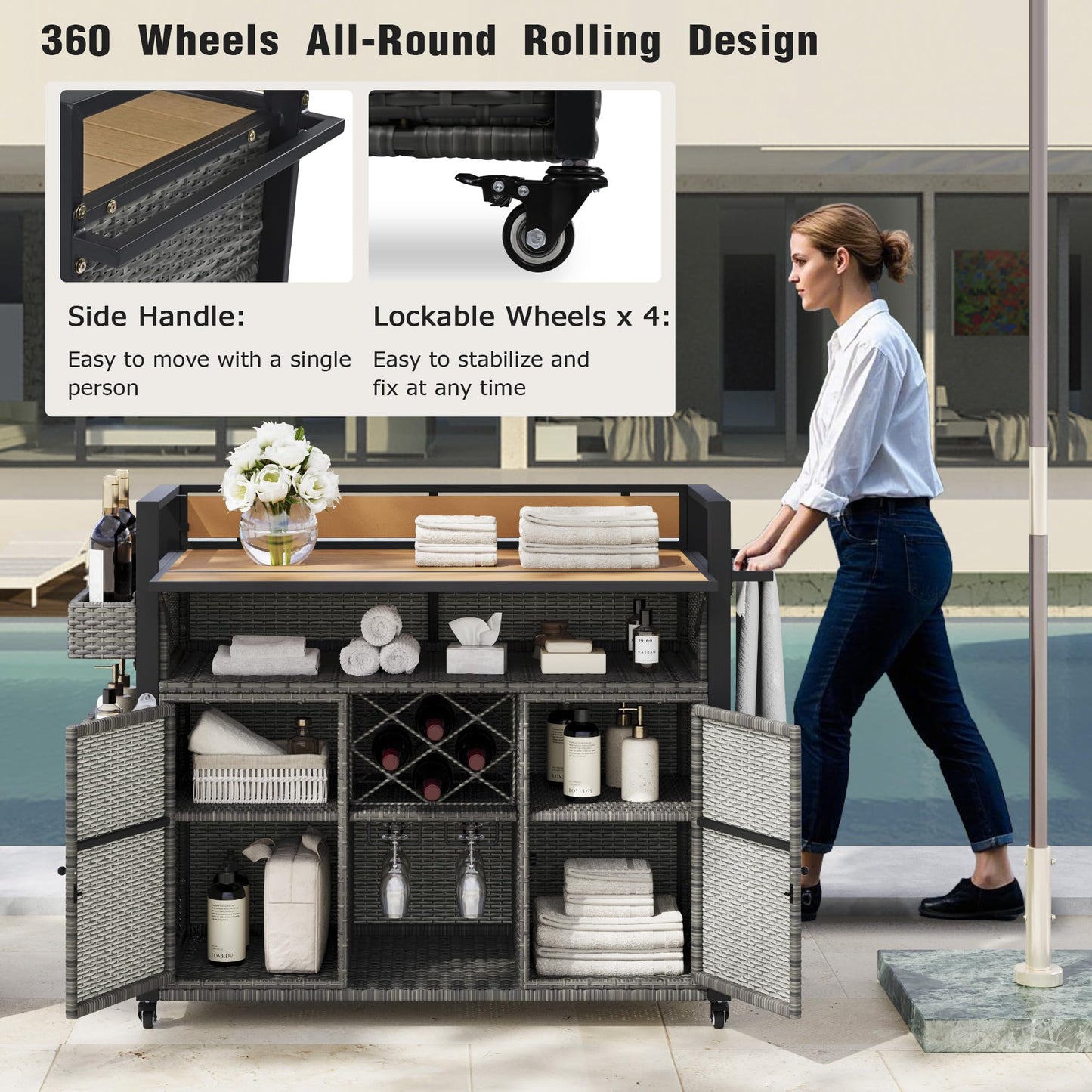 YOPTO 52.8" W Wicker Outdoor Grill Cart with Extended Poly-Wood Table Top - Drop Leaf Design,7 Shelves & Wine Rack,Rolling Kitchen Island on Lockable Wheels,for Patio,Backyard,Poolside & Garden,Grey